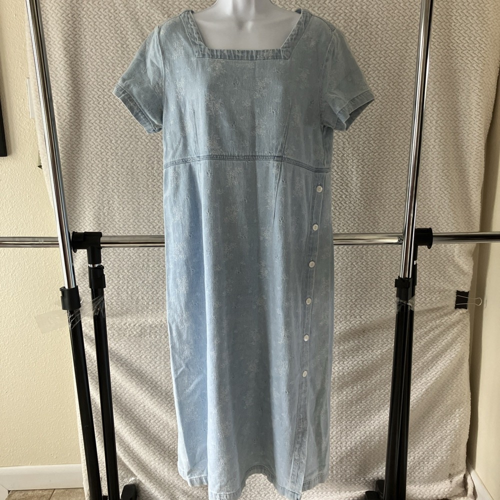 Vintage Erika & Co Womens Denim Jumper Dress Size PL Blue Embroidered Flower
